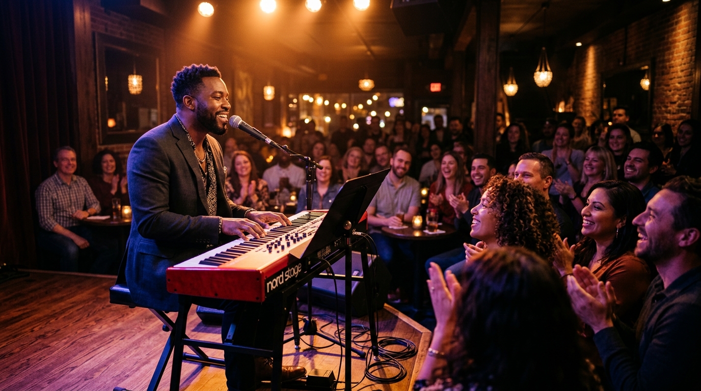 Charismatic musician singing at a keyboard and connecting intimately with a cheering, diverse audience in a live music venue