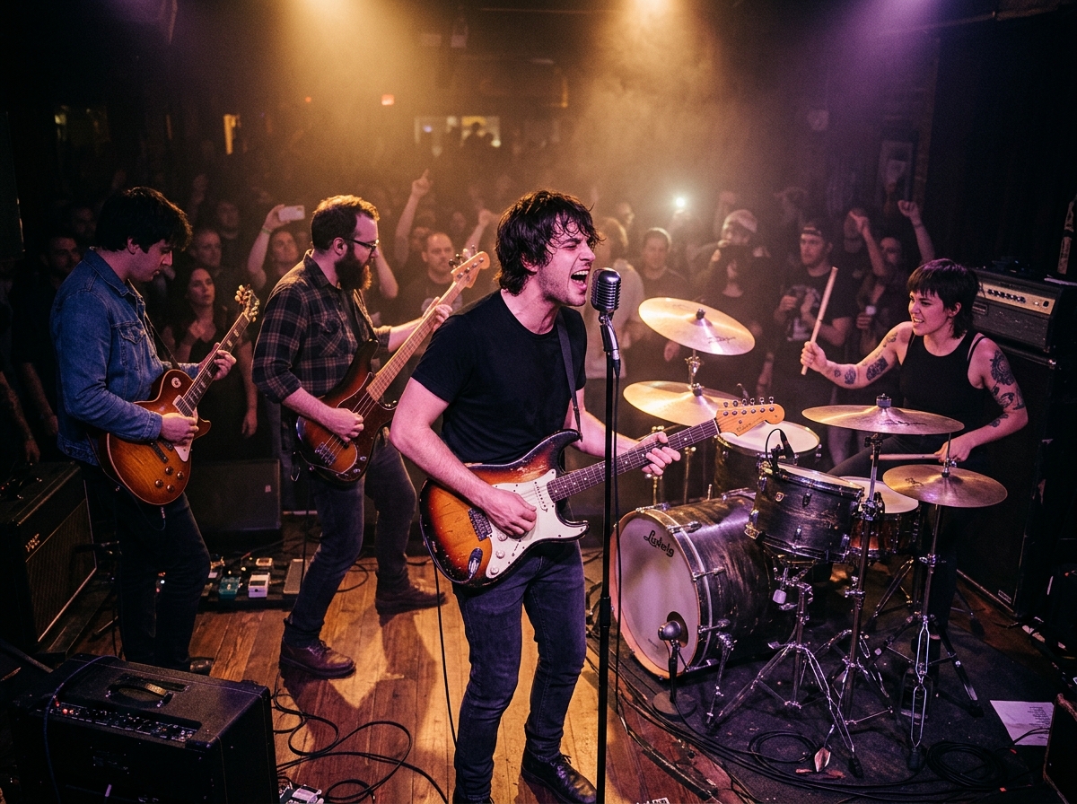Four-piece indie rock band collaborating with intense energy on a live concert stage