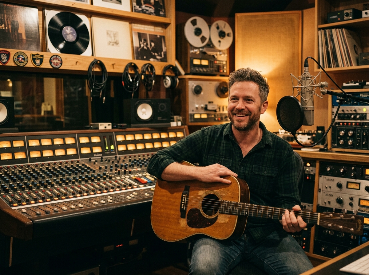 Analog recording studio with musician holding guitar, mixing console, and vinyl records