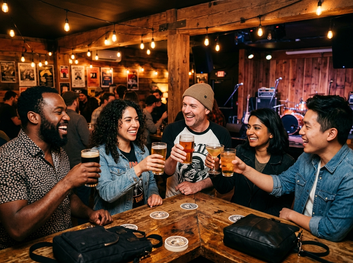 Diverse group of music lovers and artists laughing and enjoying drinks together in a music lounge