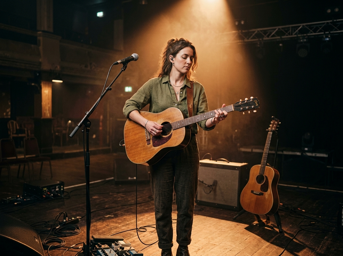 Solo musician with guitar on stage under warm spotlight